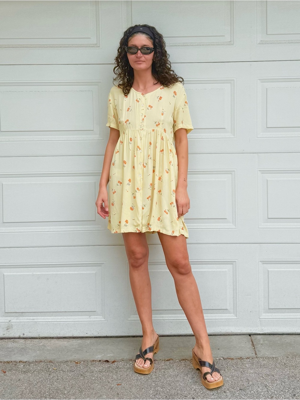 Vintage 90s Y2K Yellow Floral Short Sleeve Babydoll Dress Mini Dress CottageCore